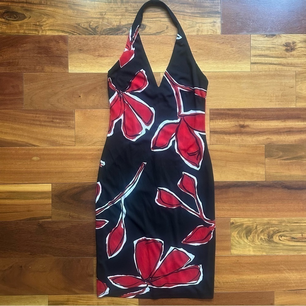 David Meister Black and Red Floral Halter Dress